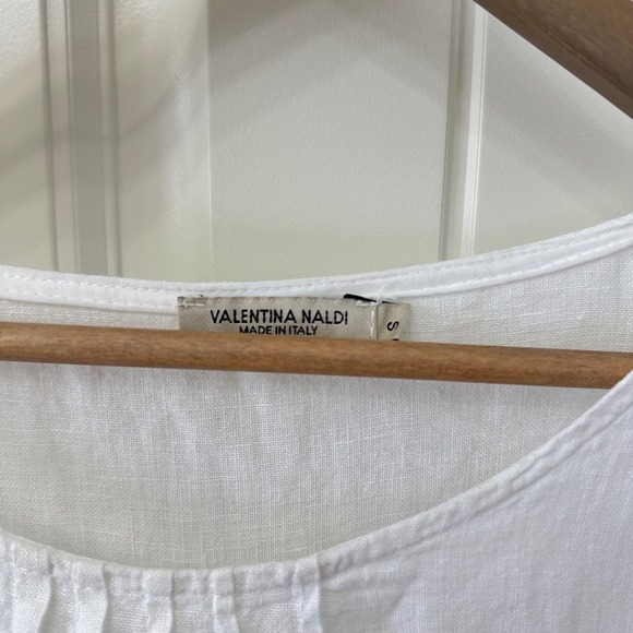 Valentina Naldi Tunic Top S White 100% Linen Made in Italy Pintuck Ruffle Hem - Picture 2 of 5